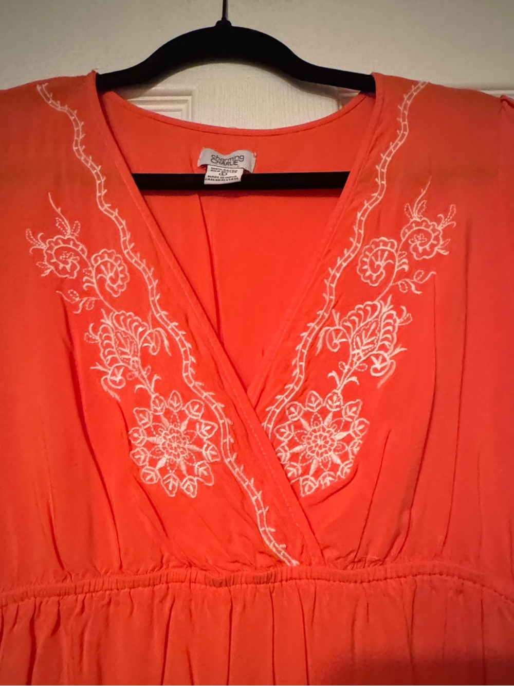 Charming Charlie Sz Large Coral Orange Embroidered V-Neck Mini Dress - Picture 3 of 8